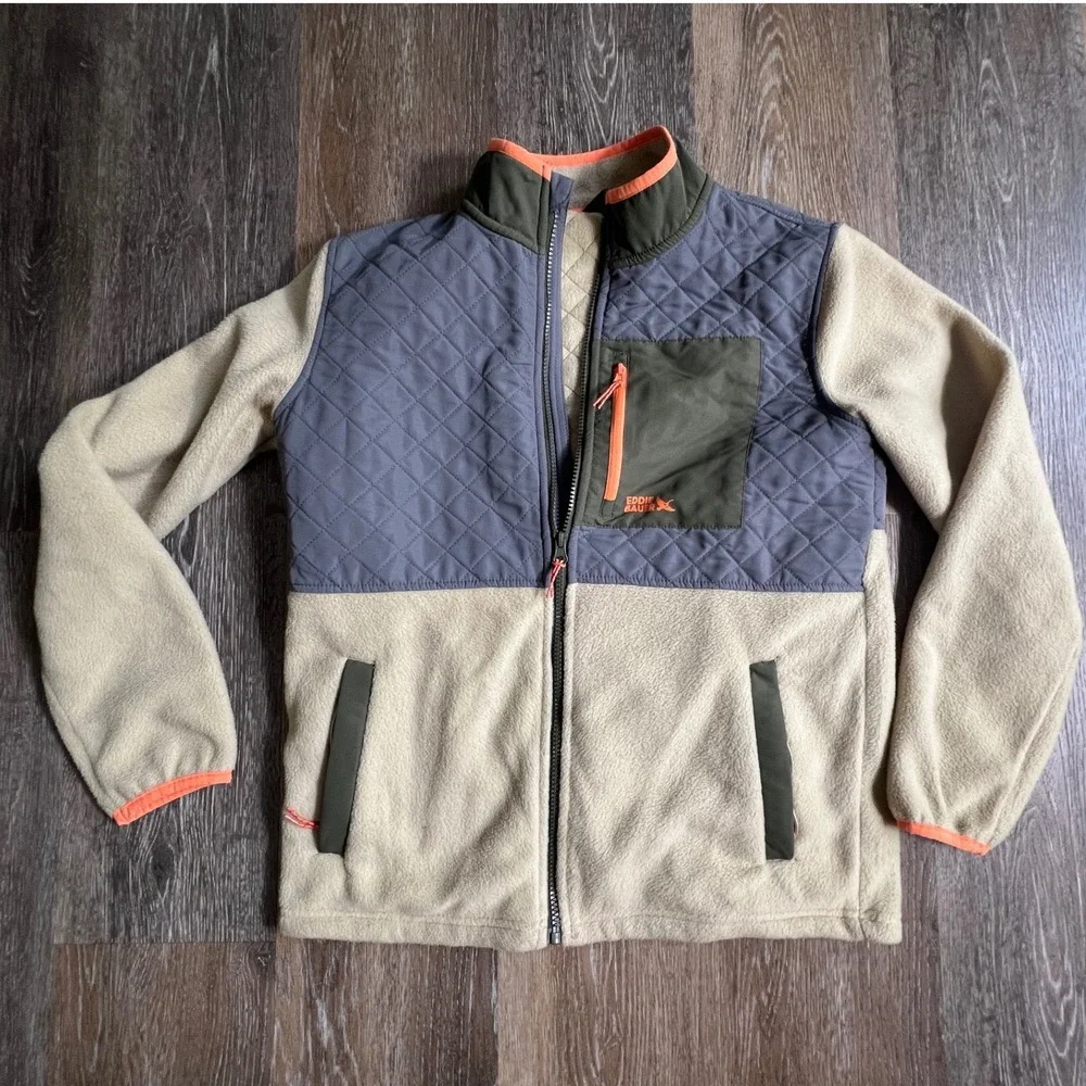 Eddie Bauer Fleece Jacket Kids XL 14/16 Beige Gray Quilted Full Zip Outdoor